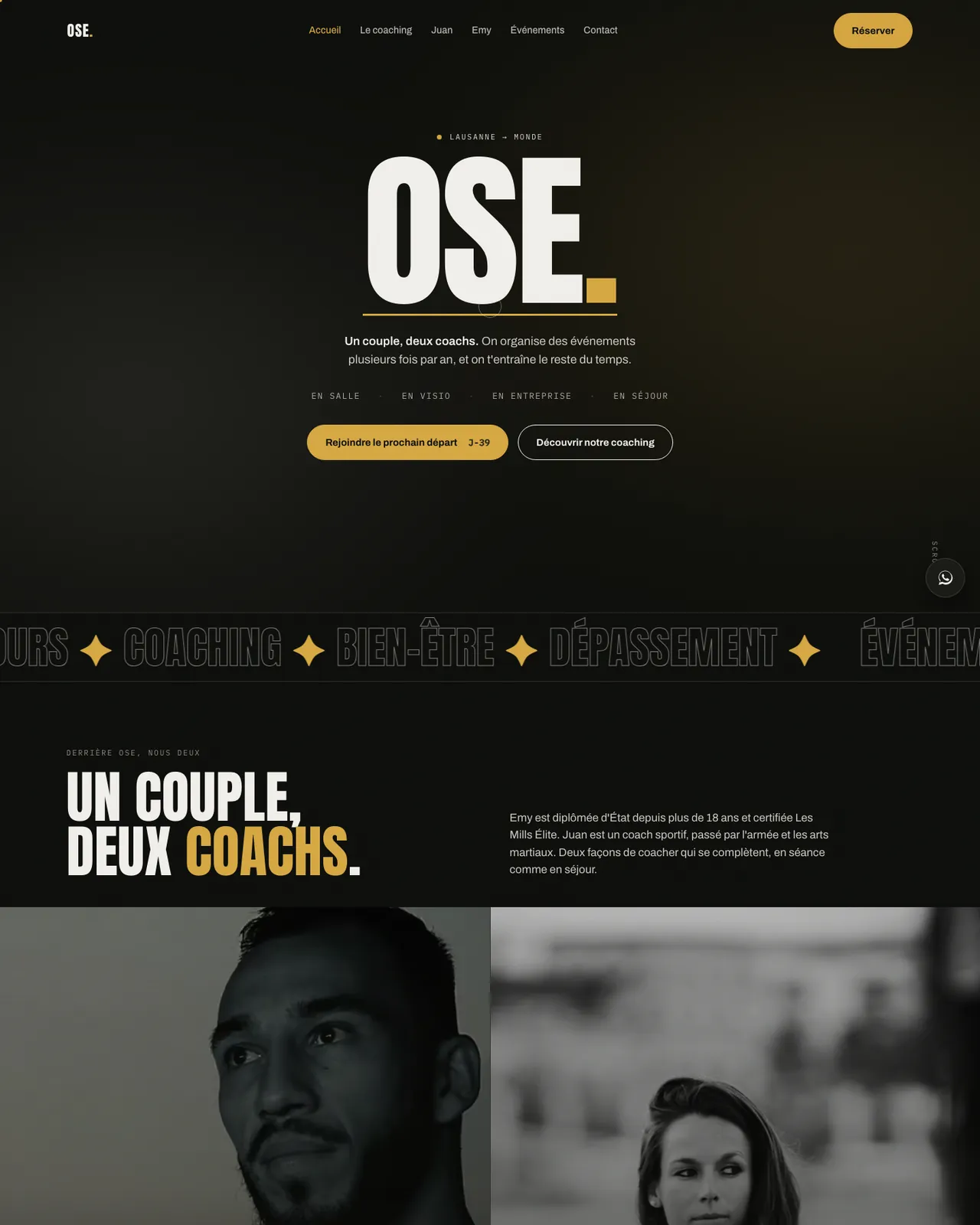Le site OSE : page d’accueil noire, grand titre OSE en blanc, boutons dorés.